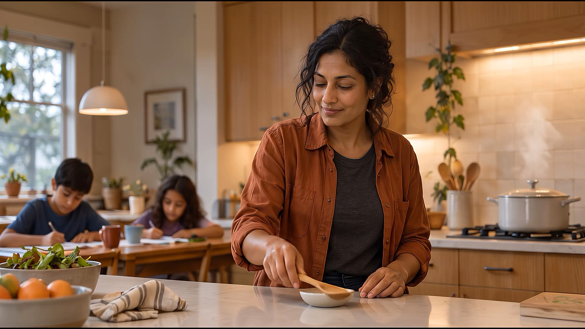 A mother preparing food while her children sit at the kitchen table, in warm daylight