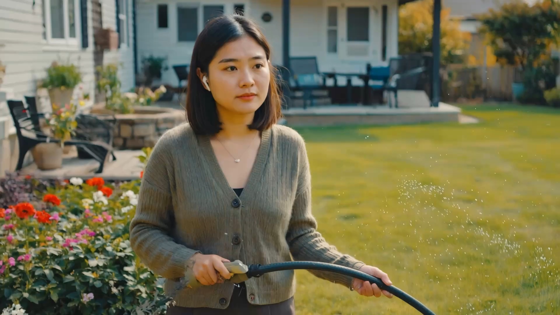 A business owner tending her garden in warm daylight